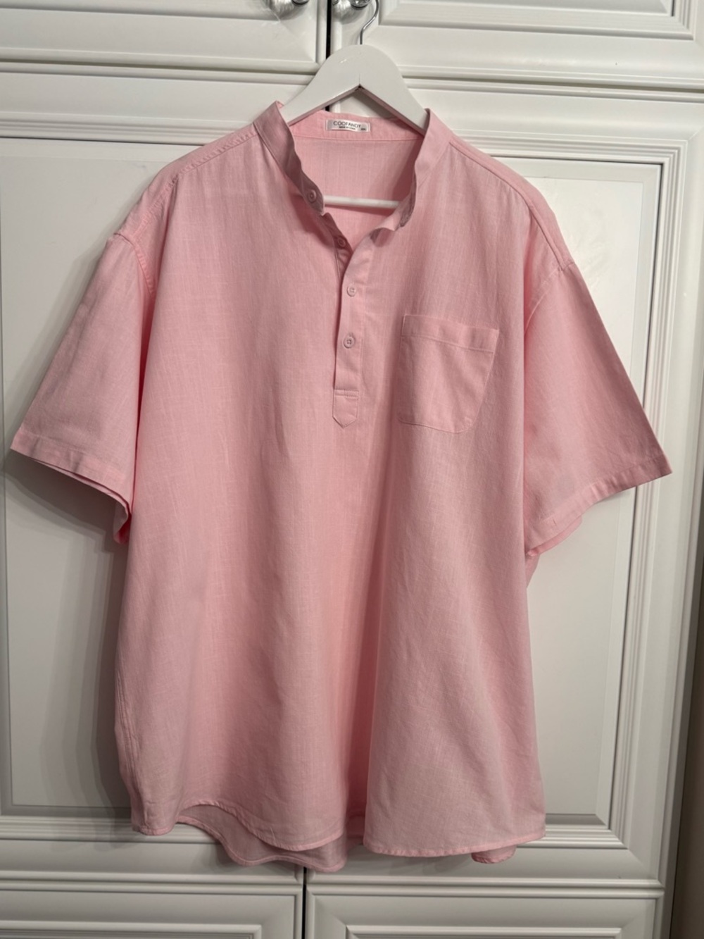 Coofandy Men’s Size XXL Pink Henley Style Short Sleeve Shirt with Banded Collar